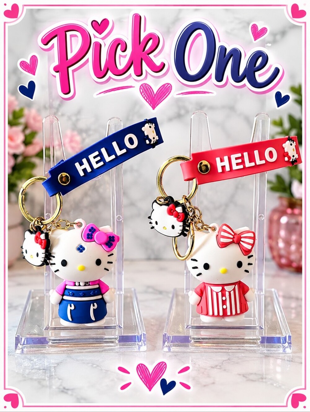Hello Kitty Blue Or Pink Rubber Keychain Wristlet with Charm New